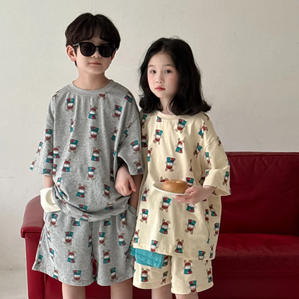 

baby shorts set 2025 Summer Boys and Girls Korean Full Version Cartoon Print Round Neck Short Sleeve Shorts Two Piece Set