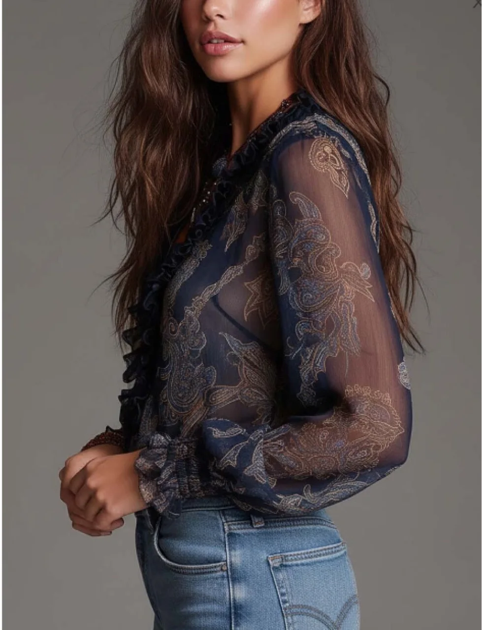 Kemeja Wanita Kerah V Berkerut Seksi Mode Elegan Motif Paisley Atasan Ritsleting Lengan Panjang Tipis Blus Sifon Pakaian Jalanan Blusas Femme