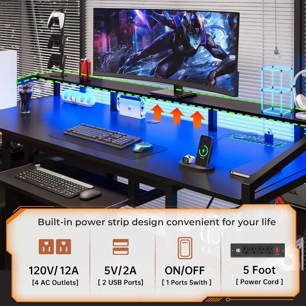 63" Computer Desk, Office Desk with Lockable Drawers for Legal/Letter File, Gaming Desk with LED Lights & Power Outlet