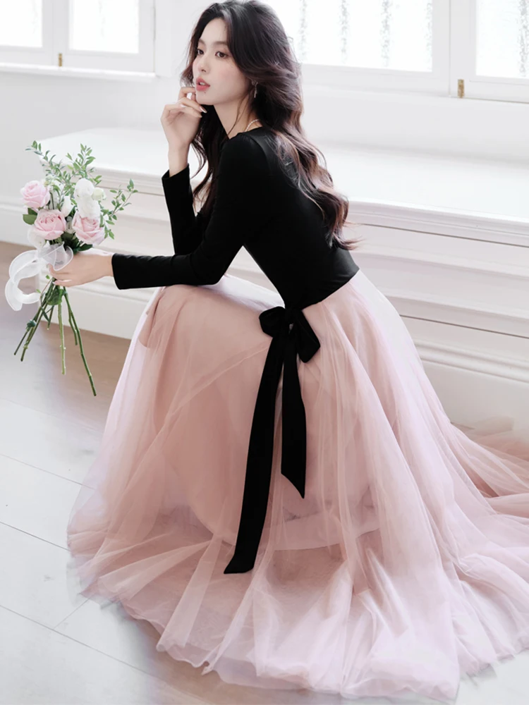 Otoño Invierno Rosa Patchwork negro manga larga vestido con cuello cuadrado mujeres elegante vestido vendaje con lazo 2025 Vestidos ceñidos coreanos