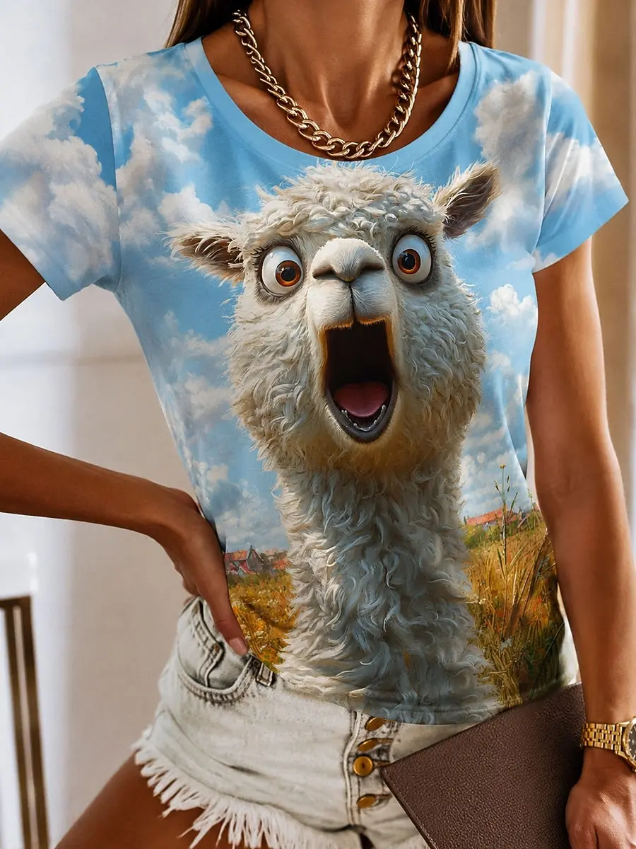 Women's Spring Summer 3D Printed Crew Neck T Shirt, Blue Sky White Cloud Westie Dog Realistic Animal Print Casual Top