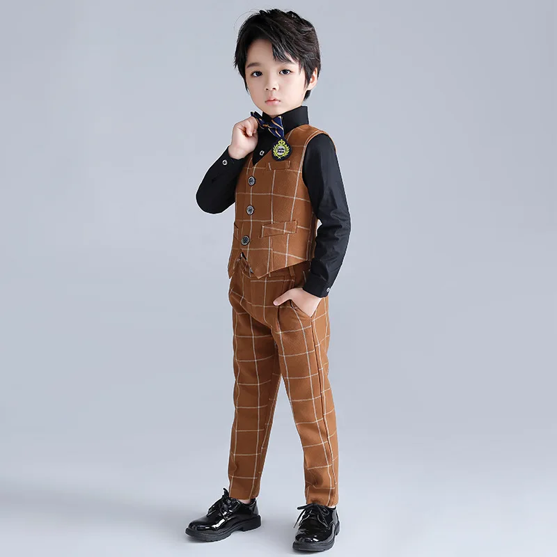 Boy Plaid Vest Tuxedos Kids Waistcoat Wedding Clothes Sets Toddler Formal Dress Suits Child School Uniform Baby Gentlemen Outfit