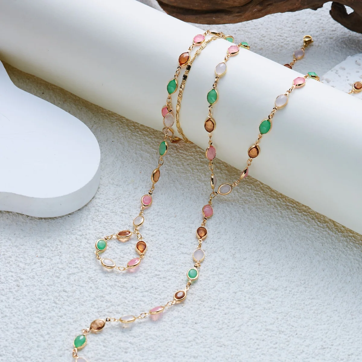 Buntes ovales Harz-Splice-Y-Drop-Halsketten- und Fingerarmband-Set für Frauen, eleganter Vintage-Geometrischer Langer Quasten-Choker-Schmuck – Detail 31