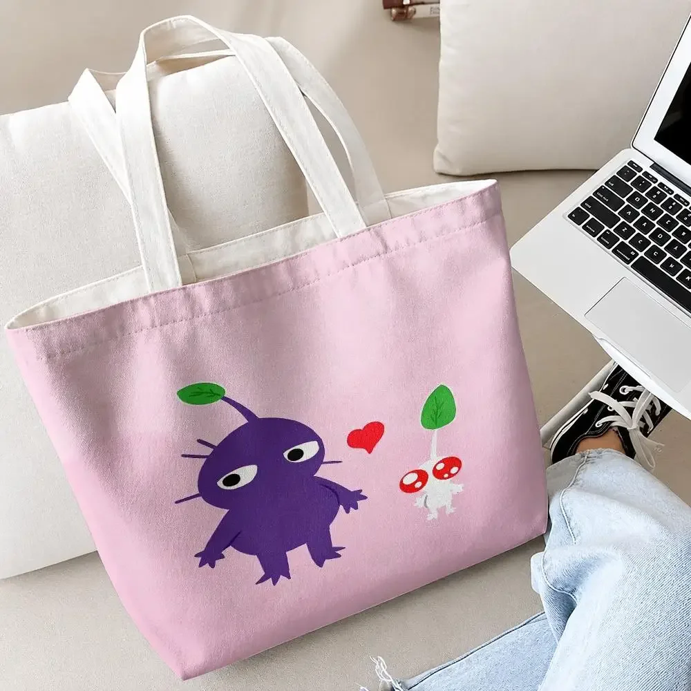 Cartoon Cute P-Pikmin Storage Bags 2PC Canvas Tote Bag Set With Zipper Handbags Makeup Pouch Set Travel Bag
