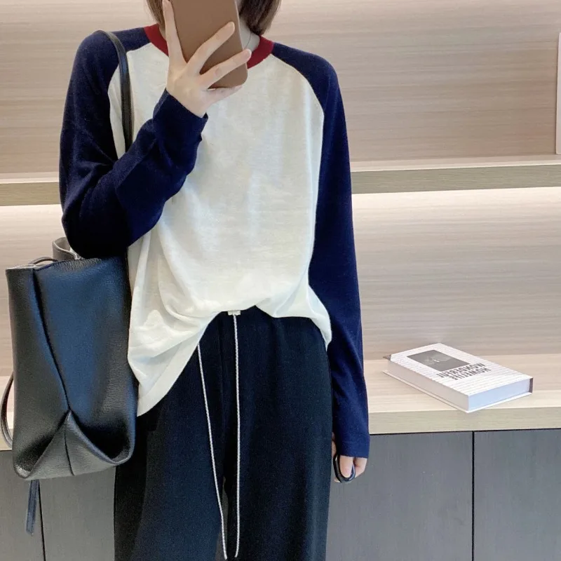 Women Clothing Autumn Simple Chic Contrast Color Patchowrk Cotton T Shirt Y2K Female Casual O Neck Long Sleeve Loose Basic Tops