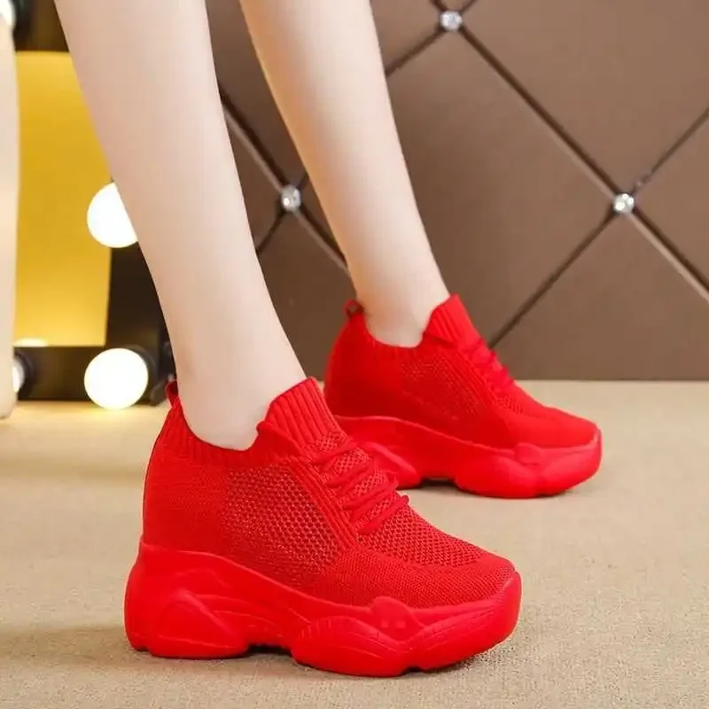 

Red Sports Shoes Female Inner Increase Casual Women's Shoes Wedges 2023 Spring New Breathable Mesh Surface Shoes for Women