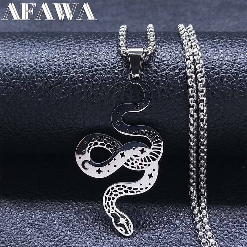 

Witchcraft Snake Stainless Steel Necklace Women/Men Silver Color Witch Star Moon Necklace Gothic Jewelry collares hombre N3545