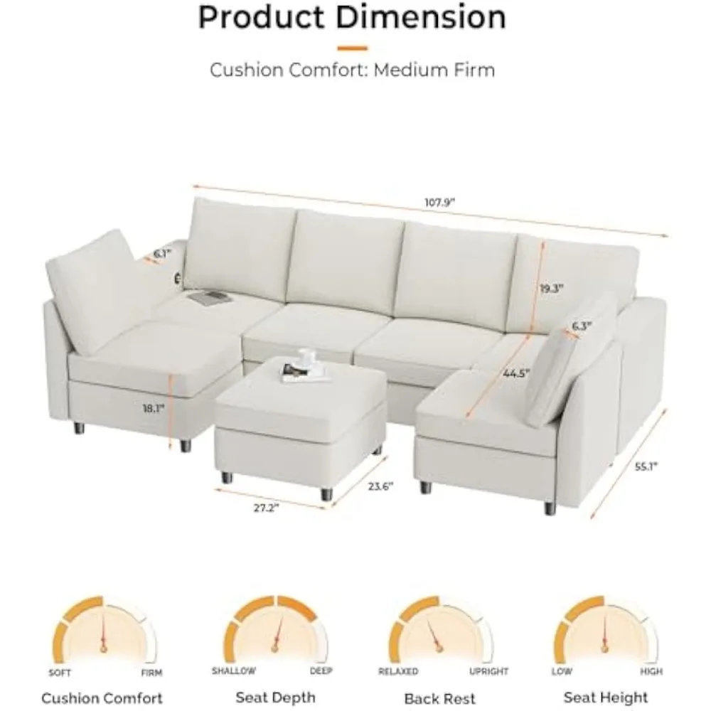 Beige Linen Oversized Modular Sectional Sofa with Storage and USB Chargers,Comfy Sectional Sofa with 6 Seats 1 Ottoman