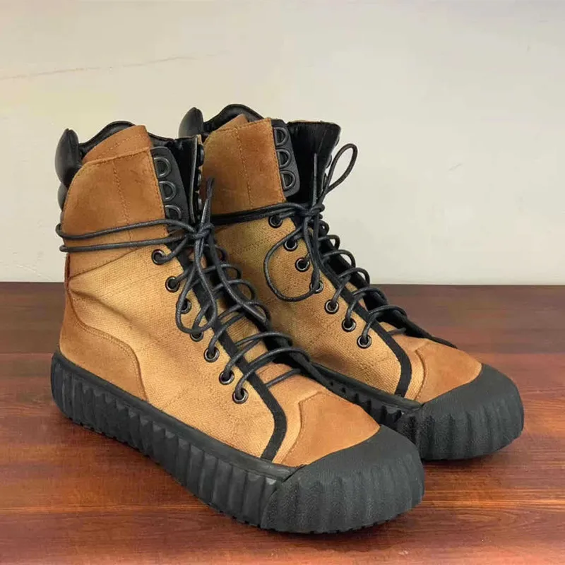 

New Retro Leather First Layer Cowhide Canvas Shoes Tooling Style Lace-up Ankle Botas Outdoor Hiking Trekking Camp College Boots