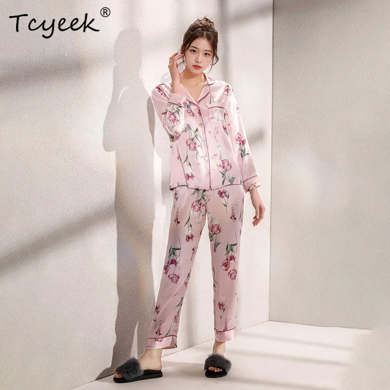 

Tcyeek, 16MM 100%Real Silk Pajama Set, Women Long Sleeve Pants, Comfortable Floral Elegant Homewear, 2024 Summer New S550148QM