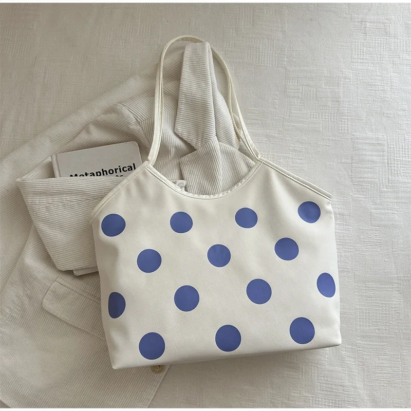 Koreanische Schultertasche mit Polka-Dot-Muster, Vintage-Kunsthandwerkliche Canvas-Tragetasche für Damen, lässige Alltagstasche mit Henkel. – Detail 3