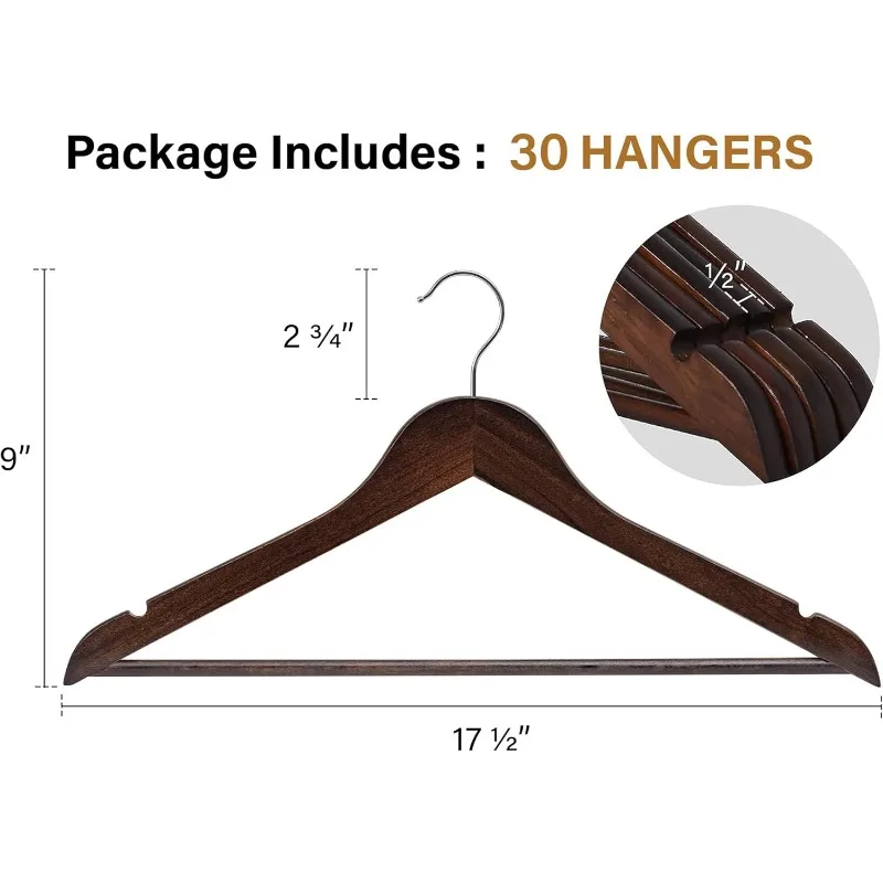 Wooden Coat Hanger, Wood Clothes Hangers 30 pack, Walnut Color, Natural Wood Hangers for Coats, Shirts, Jackets, Pants, Suits