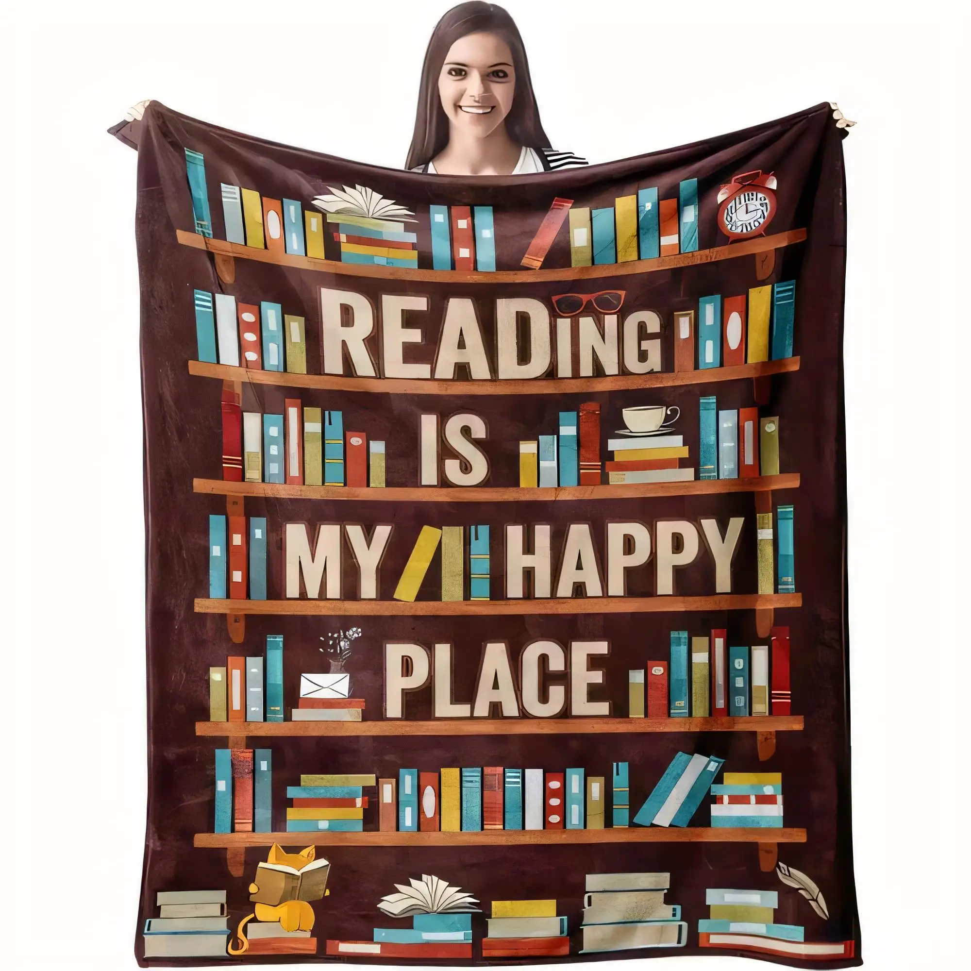 

Whimsical Bookshelf Blanket with 'READING IS MY HAPPY PLACE' Text, Soft Dark Brown Throw for Home Decor, Perfect for Book Lovers
