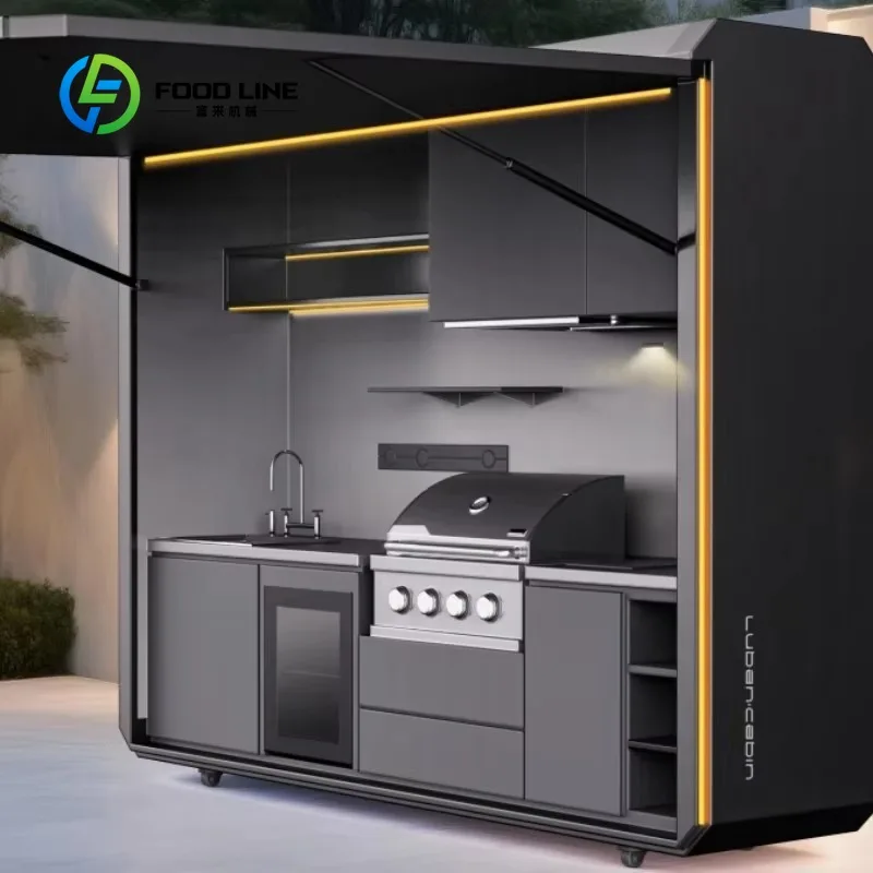 Outdoor courtyard kitchen mobile all-in-one design with cooking and grilling capabilities