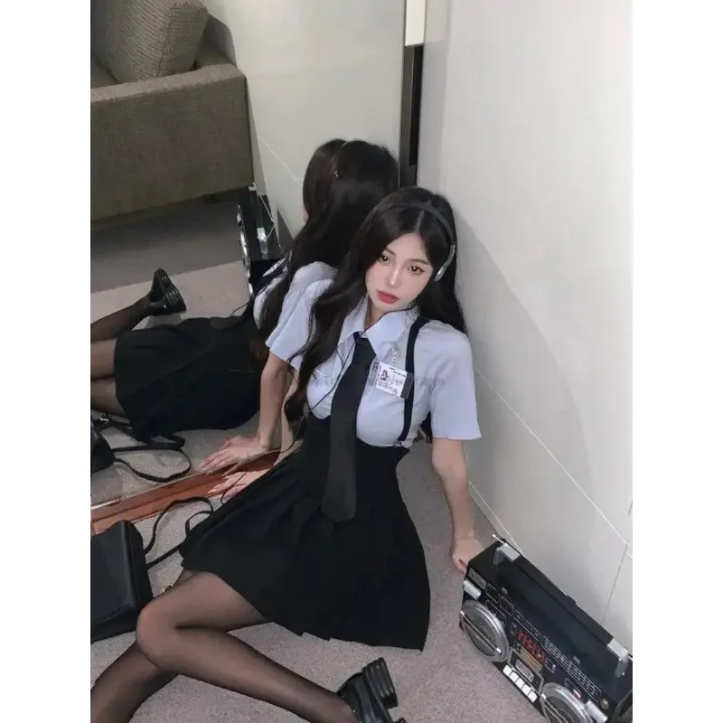 Süßes koreanisches Stil jk Uniform Set blaues Mädchen sexy Kurzarmhemd Frauen Sommer plissiert hängendes Kleid zweiteiliges jk Set