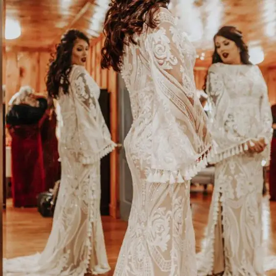 

Sparke Sequin Boho Wedding Dress Sexy Side Split Country Bridal Gown Flare Full Sleeve Tassel Bohemian Robe De Mariee 2022