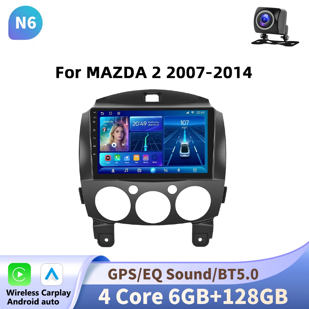 Podofo Android voor MAZDA 2 2007-2014, autoradio multimediaspeler met draadloze CarPlay en Android Auto, 2-din, geen DVD-speler.