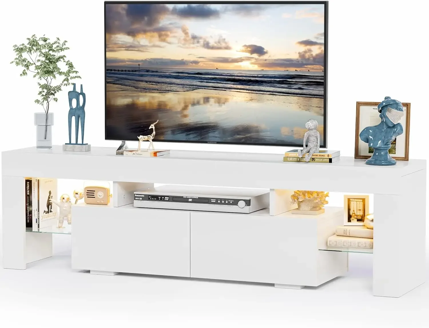 Modern Lighting TV Cabinet Entertainment Center Media and Open Shelf, TV Console Table with 1 Drawer and Remot