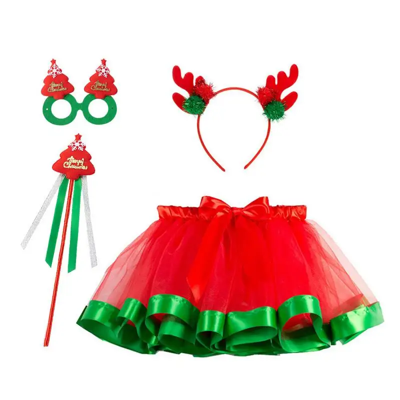 Christmas Tutu Outfit for Girls Ballet Dance Dress Princess Skirt Christmas Tutus Red Green Costume with Glasses for Little Girl