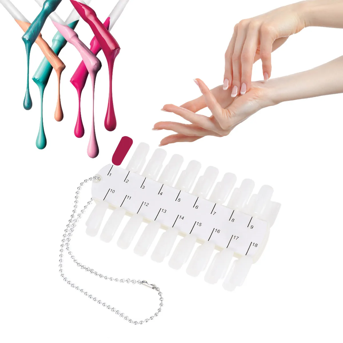 3Pcs Hard Acrylic Nail Polish Display Board Nail Art Practice Tool with Wall Mount Beaded Chain 24 Oval Thickened Tips
