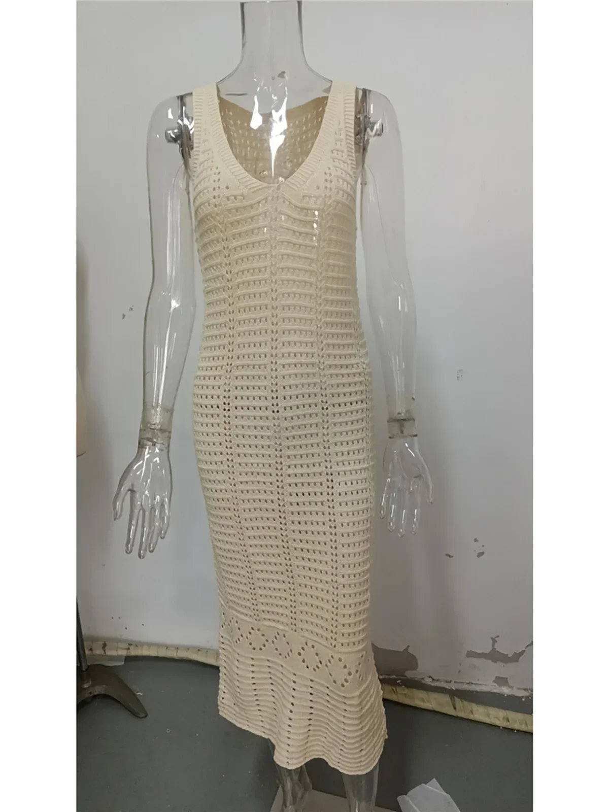 S-xl 2025 decote em v oco para fora crochê malha túnica praia cobrir cover-ups vestido de praia beach wear beachwear feminino k5699