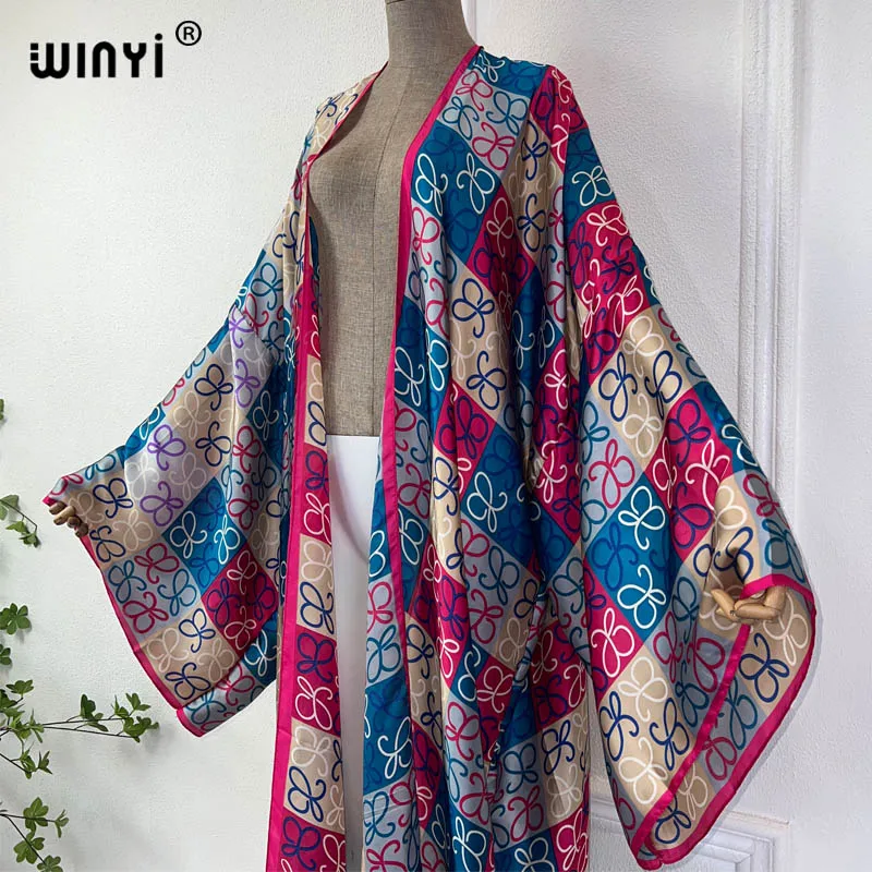 WINYI NEW summer kimono boho print beach cover up Swim Suit elegant African women boho Cardigan sexy Holiday silk feeling dress