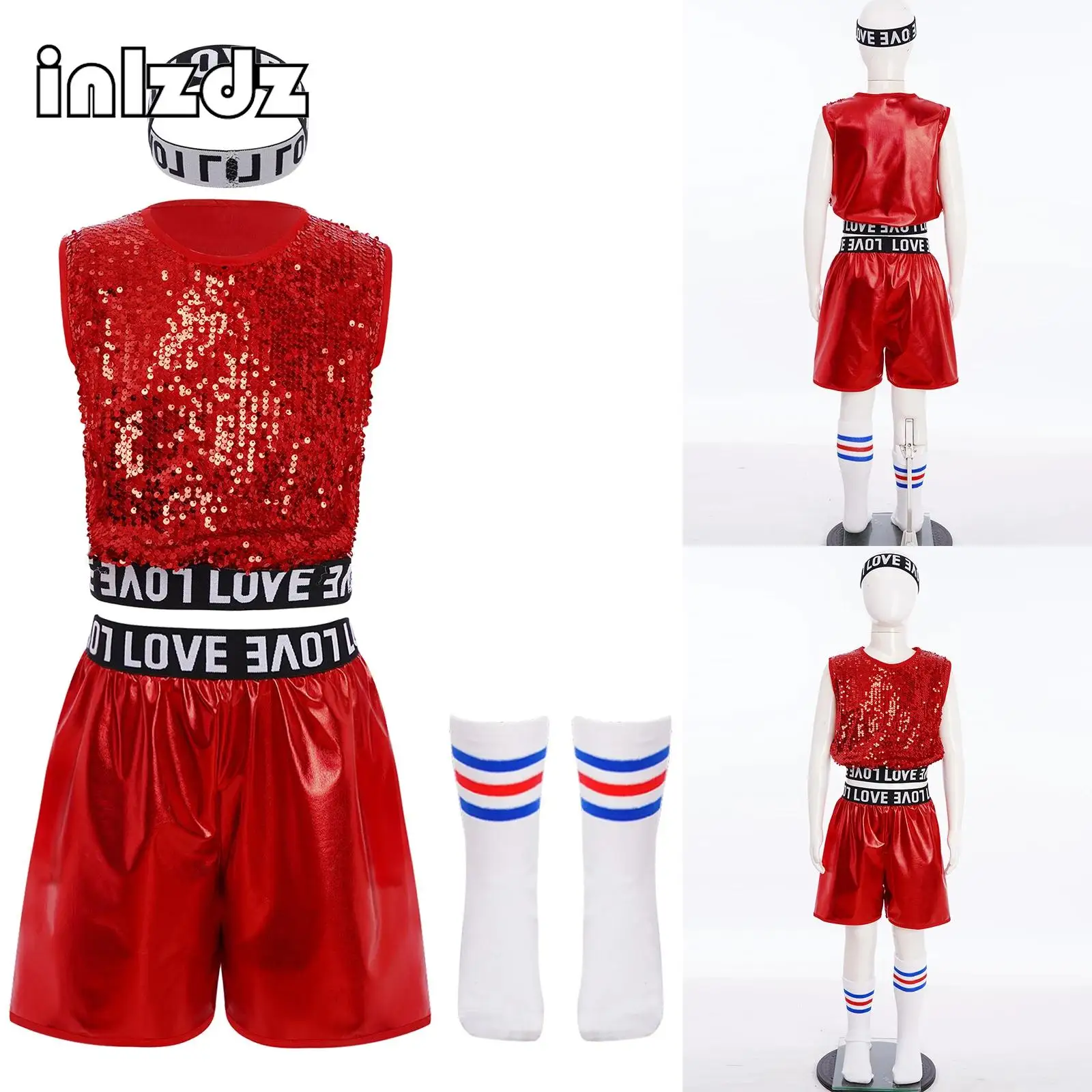

Boys Hip-Hop Jazz Dance Outfit Sleeveless Sequins Vest with Metallic Shorts Hairband And Striped Socks for Cheerleading Party