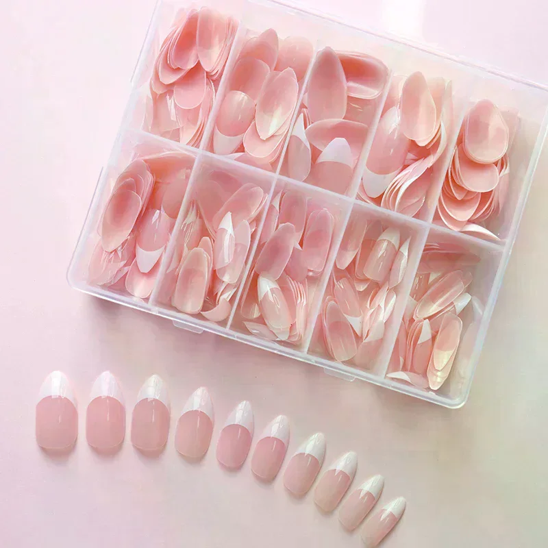 120/240/360Pcs/Box Glossy Soft Gel Pink French Nail Tips Medium Almond White Simple Press On Nails Huge Capacity False Nails