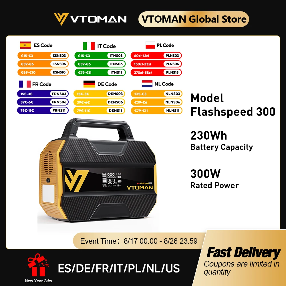 VTOMAN FlashSpeed 300 tragbares Kraftwerk 230 Wh/70000 mAh LiFeP04 Akku für Outdoor-Campingzelt, Reisen, Zuhause, Energieleistung