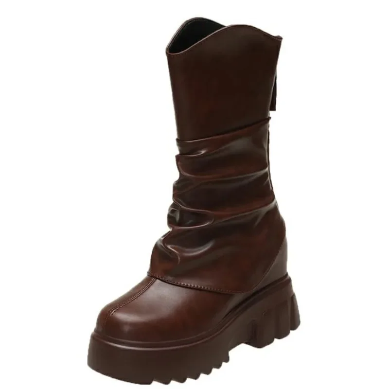 Botas de couro para mulheres, botas de motocicleta, plataforma alta, saltos quadrados, sapatos para senhoras, outono, inverno, 9cm