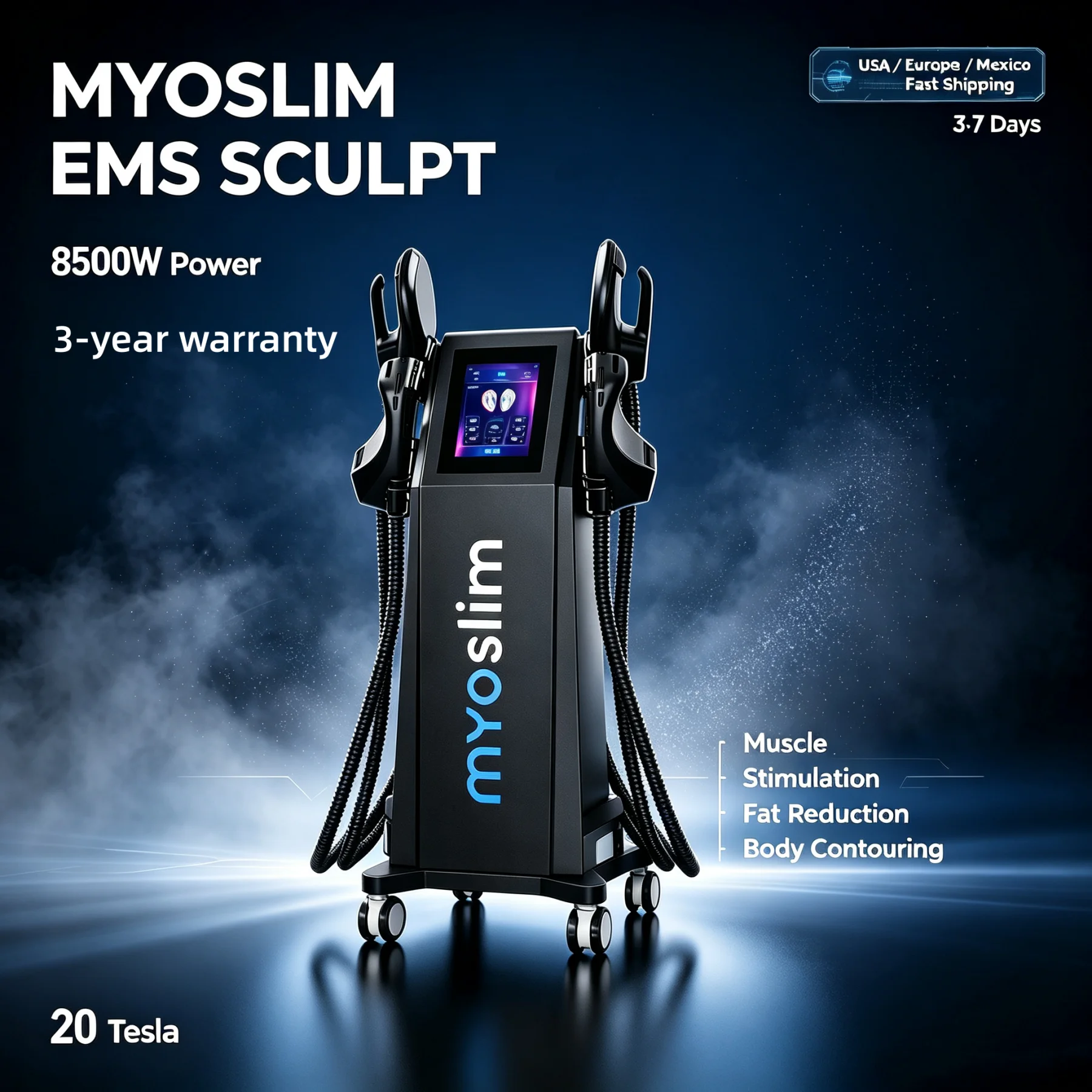 MYOslim 8500W 20T HI-EMT Body Sculpting Machine Butt Lifting Abdomen Shaping Muscle Exercise Skin Firming Spa Beauty Device