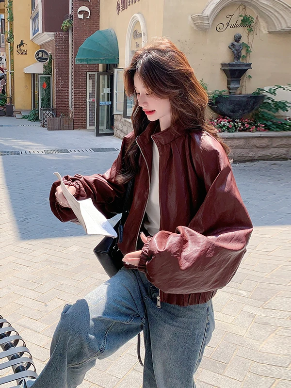 

Кожаный пиджак из искусственной кожи цвета винного красного для женщин, весна-осень 2025, новинка, уникальный, высококачественный, стильный кожаный пиджак