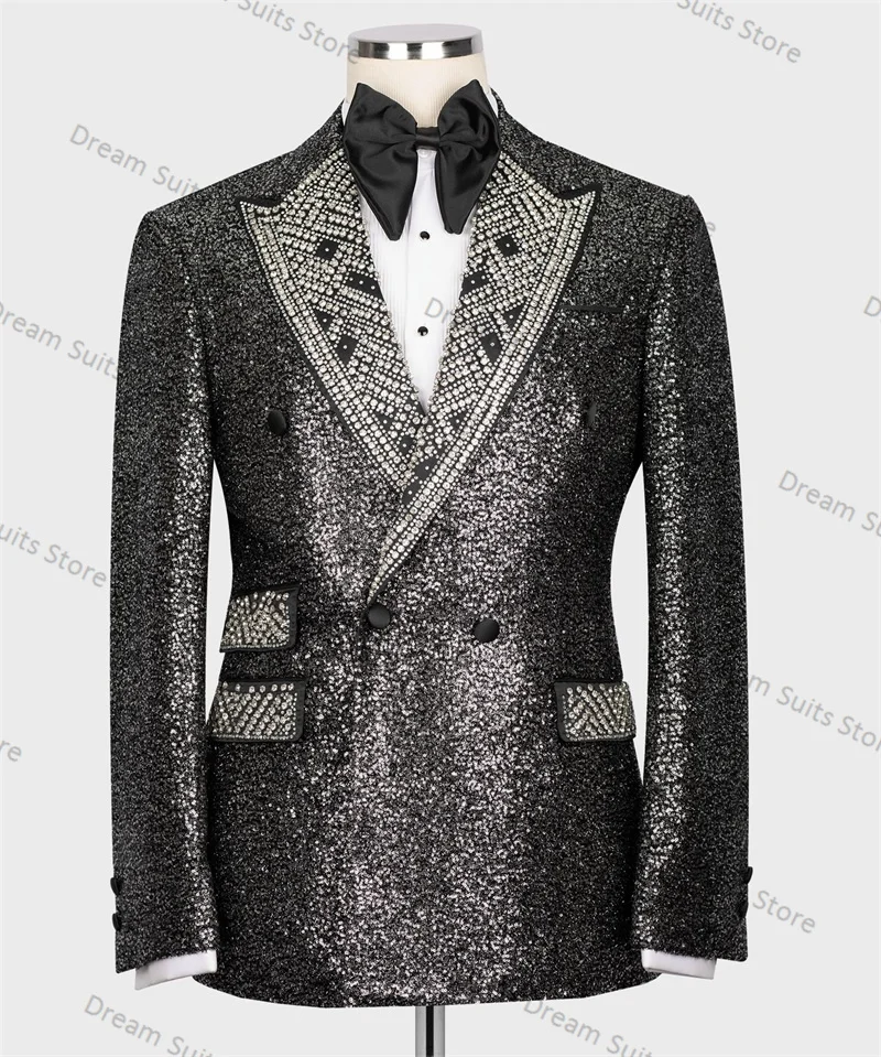 

Crystals Sequins Luxury Men Suits 2 Piece Black Blazer+Trousers Wedding Tuxedo Male Prom Coat Customized Formal Office Jacket