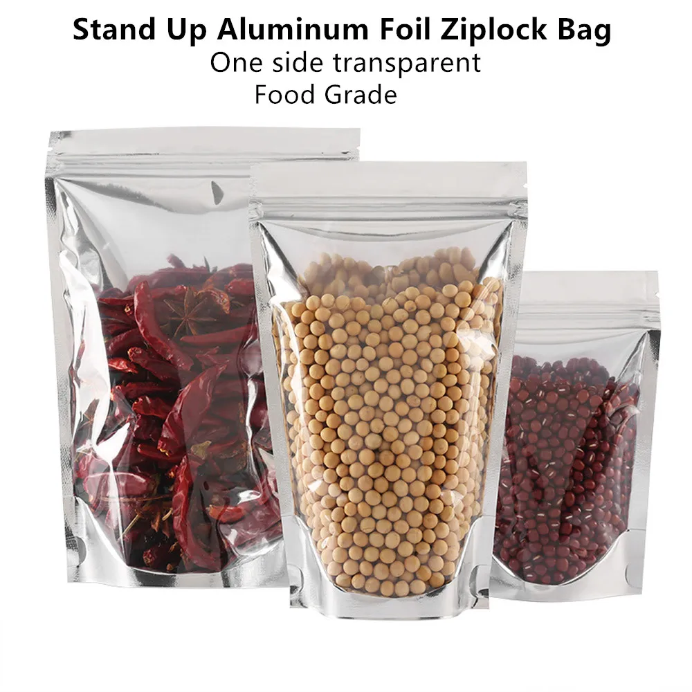 

100pcs Stand Silvery Aluminum Foil Zip Lock Bags with Clear Front - Zipper Self Sealing Aluminizing Pouches Snacks Food Package