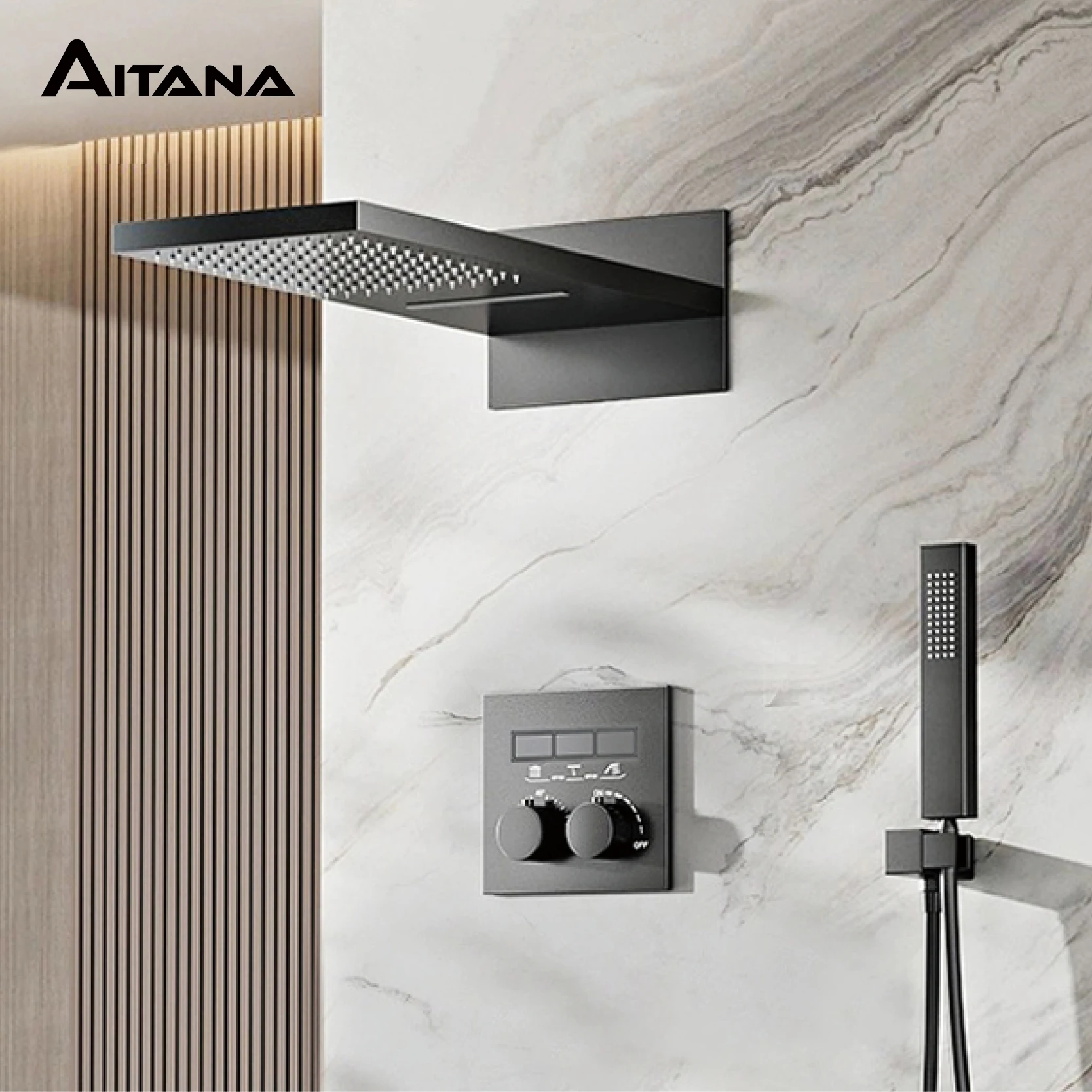 

Luxury brass black shower system with wall mounted design 2 handles for dual control of Hot & Cold 3 functions for bathroom Tap