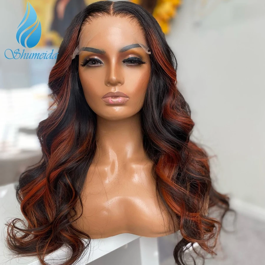 Shumeida Highlight Orange Color 13*6 Lace Front Wigs Pre Plucked Hairline Peruvian Remy Human Hair Body Wave Glueless Wig