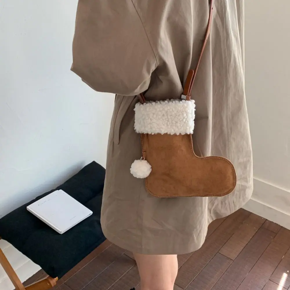 

Cute Korean Style Suede Crossbody Bag LambWool Fluffy Lamb Fur Bag Casual Phone Storage Boot Bag hristmas