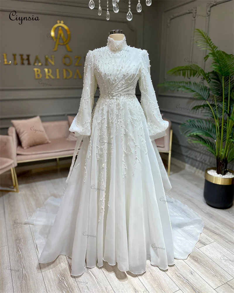 Ciynsia Moroccan Muslim Bridal Gowns Long Sleeves Plus Size Wedding Dresses for Bride A-Line Pearls Vestido De Noiva Casamento