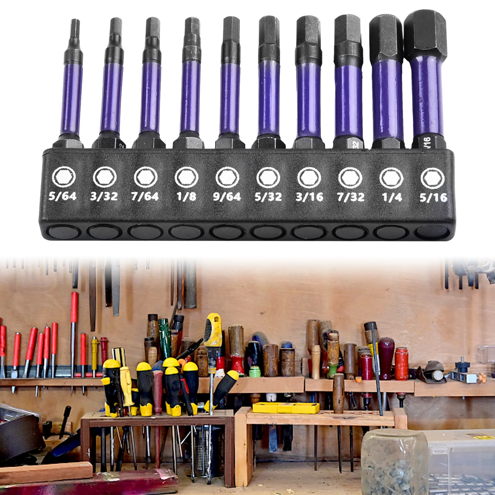 10Pcs Magnetic Hex Head Screwdriver Bit Set 1/4 Shank Screwdriver Bit Imperial 5/64 3/32 7/64  1/8 9/64 5/32 3/16 7/32 1/4 Power