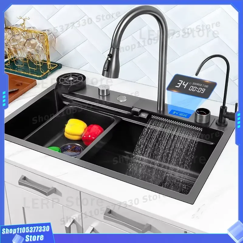 Large Single Bowl Stainless Steel Kitchen Sink Smart Waterfall Faucet Multifunctional Washbasin for Modern Home Utility Room