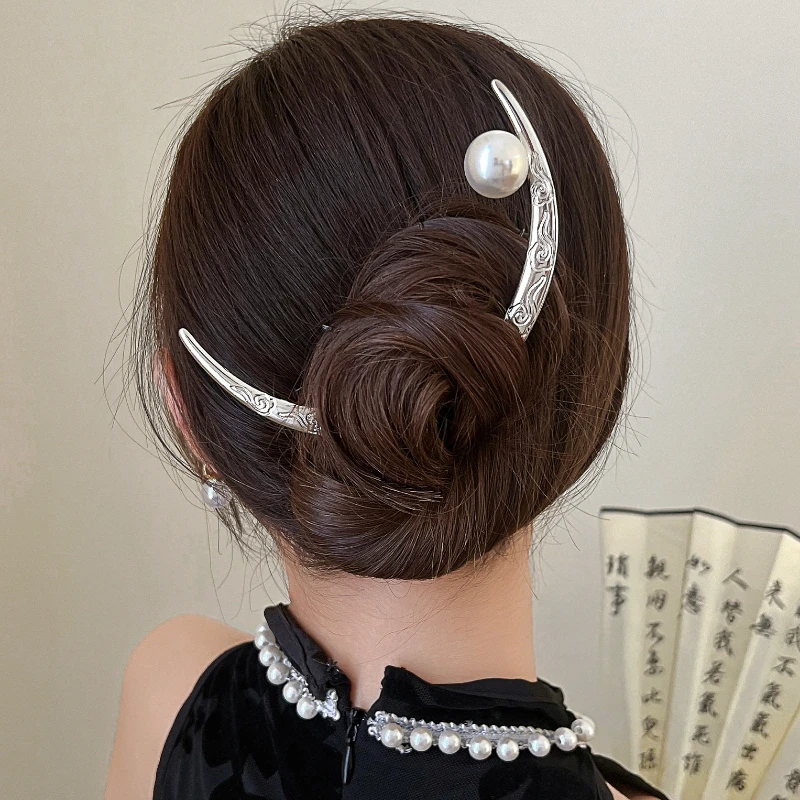 Chinese Style Upper Quarter Moon Hairpin Disc Hairpin Pearl Hairpin Senior Sense Ancient Style Meniscus Hair Hairpin Headdress