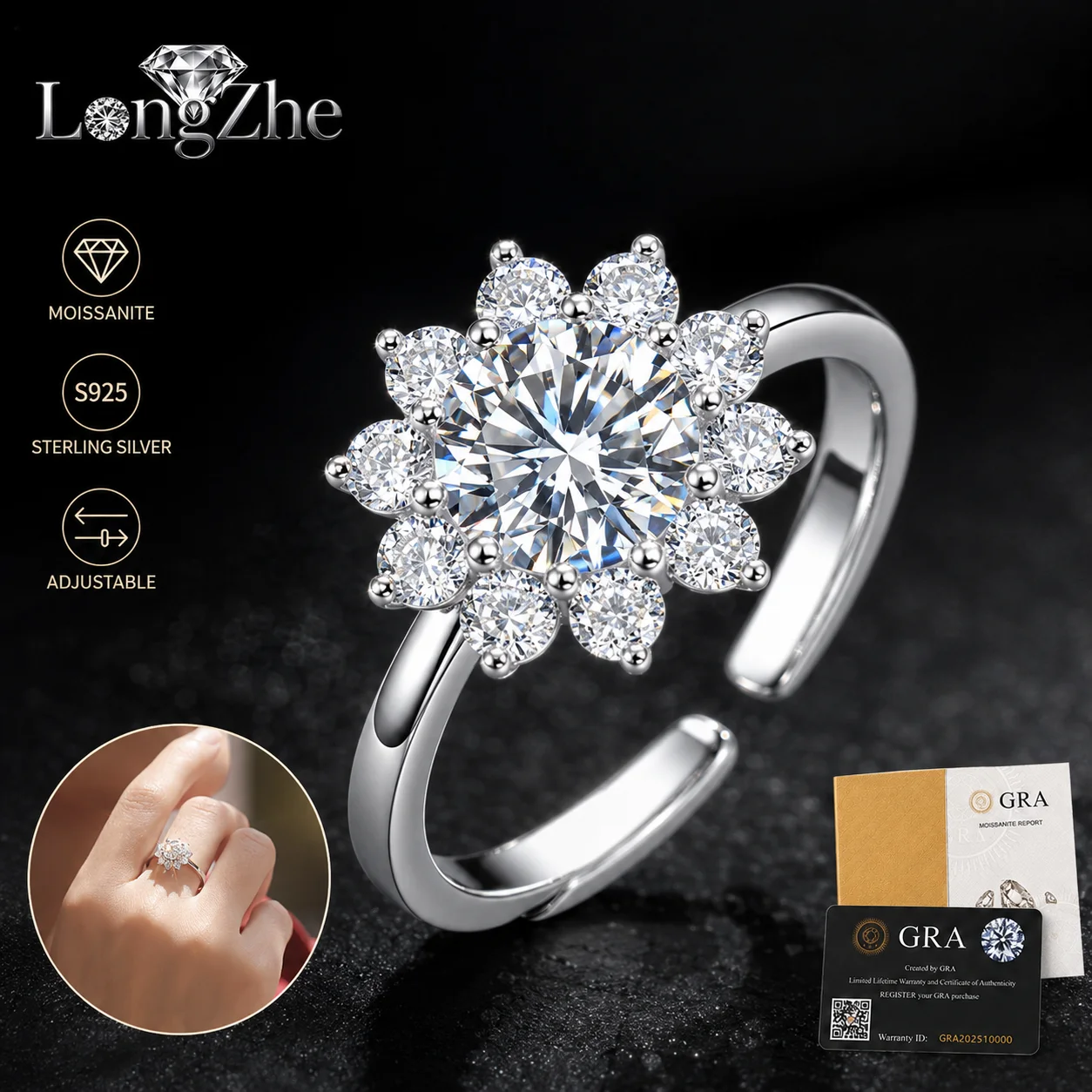 

Moissanite Ring for Women 1CT 6.5mm Round Cut Snowflake Halo Adjustable Open Band S925 Sterling Silver Engagement Gift