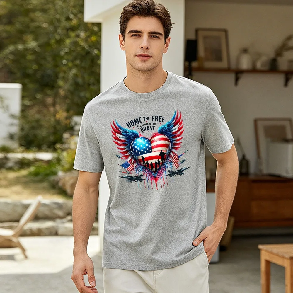 Patriotic Winged US Flag Heart Graphic T Shirt Home The Free Because Of The Brave Military Soldier Jet Fighter Men Clothing