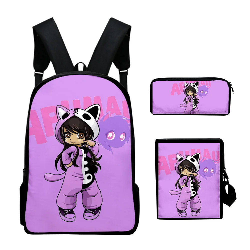 Criativo bonito Aphmau 3D Print mochilas escolares, mochila mochila pupil, bolsa de ombro inclinado, estojo lápis, bolsa de laptop da moda, 3 peças por conjunto