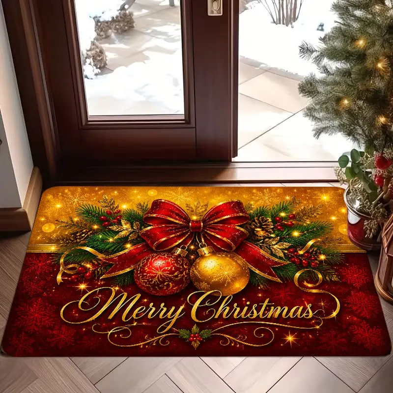 Luxurious Red Bow Golden Ornament Merry Christmas Glitter Background Durable Washable Floor Rug For Festive Doorway Indoor Deco