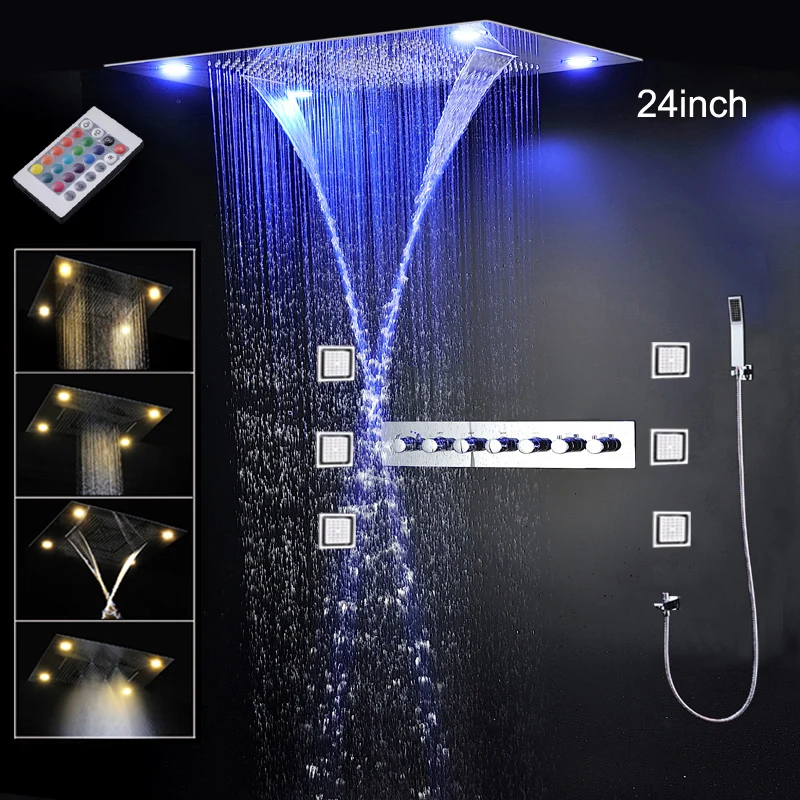 hm Hoge kwaliteit plafond LED douchesysteem set luxe regenval waterval douchekop bad thermostatische kranen massage body jets