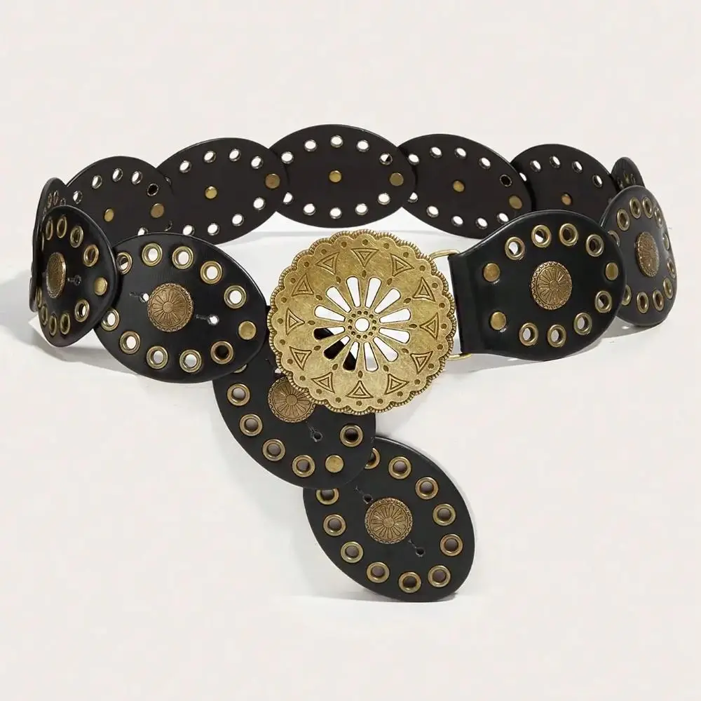 

Punk Metal Western Style Cowboy Belts Y2K Round Hollow Out Belts Wide PU Leather Ethnic Style Waistband Women