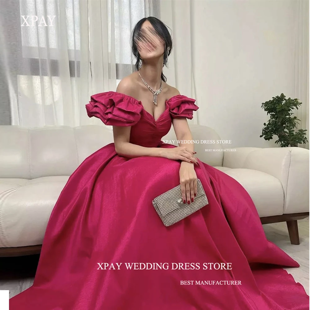 

XPAY Sexy Off the Shoulder Satin Long Prom Dresses Fuschia Satin A Line Evening Gowns Saudi Arabic Women Formal Party Dress