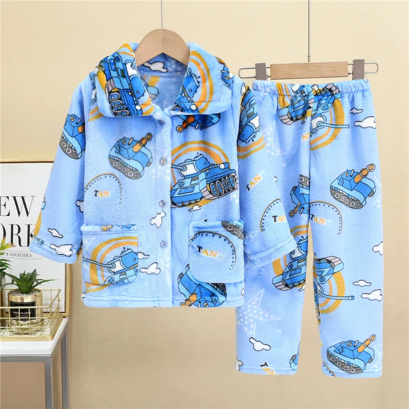 Kids Autumn Winter Soft Flannel Warm Pajamas Sets Baby Cute Cartoon Lapel Coat with Pants Pyjamas Boys Girls Casual Sleepwear