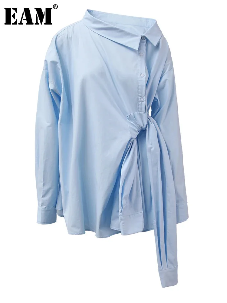 [EAM] Women Blue Irregular Bandage Big Size Blouse New Skew Collar Long Sleeve Shirt Fashion Tide Spring Autumn 2024 CPDB112